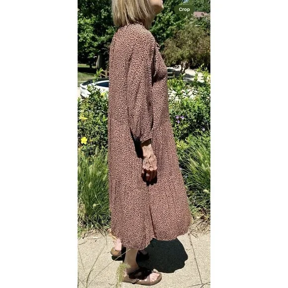 VICI Tiered Midi Dress Size Medium Tan/Black Leopard/Cheetah Print Tie Front - Picture 2 of 16